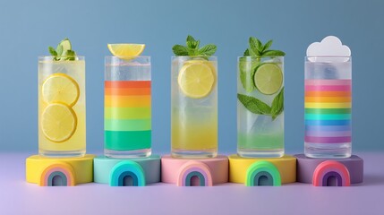 Vibrant rainbow layered drinks and citrus cocktails offer a refreshing summer escape, perfect for parties and celebrations.