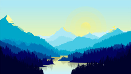 Minimal Blue Mountain Range with Pine Forest and River
