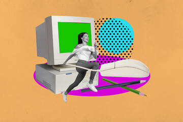 Trendy 3d poster image photo collage of happy businesswoman businessman stand office pc monitor mouse pencil supplies freelance