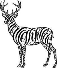 Deer silhouette illustration, calligraphy style animal art, decorative antlers design, abstract wildlife drawing, ornamental deer pattern, modern artistic nature illustration