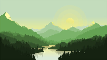 Green Flat Design Mountain Background with Forest Silhouette