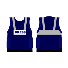 Blue vest labeled PRESS, protective identity wear during coverage, flat art design style.
