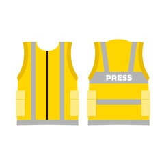 Yellow vest labeled PRESS, worn during public area reporting, flat art design style.
