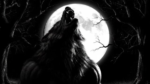 Werewolf Howling at Full Moon - A black and white video depicting a werewolf howling at a full moon. The werewolf is silhouetted against the bright moon, with bare trees framing the scene.