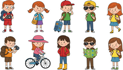 Cartoon children traveling with backpacks, cameras, suitcases, maps, bikes, enjoying vacation adventure, summer holiday trip exploration vector illustration