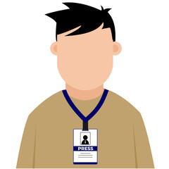 A male journalist wearing a press ID badge as official identification, flat art design style.

