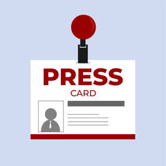 Journalist press card with a metal pin, attached to shirt pocket as official ID, flat art design style.
