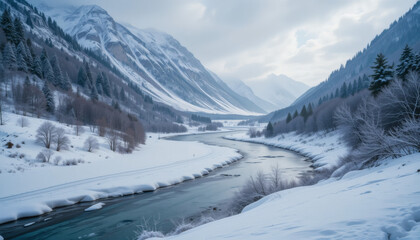 Obraz premium A serene winter valley with a frozen river winding through it