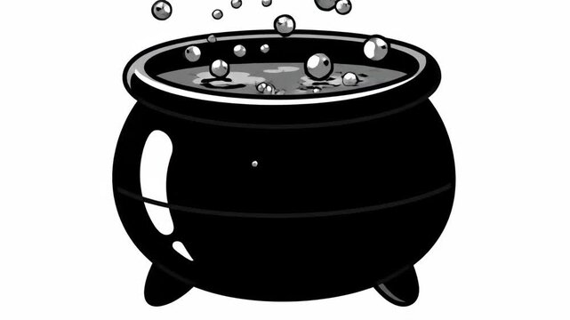 Cartoon Cauldron Bubbling - A black and white cartoon illustration of a cauldron bubbling. The cauldron is full of a liquid with bubbles rising to the surface, set against a white background.
