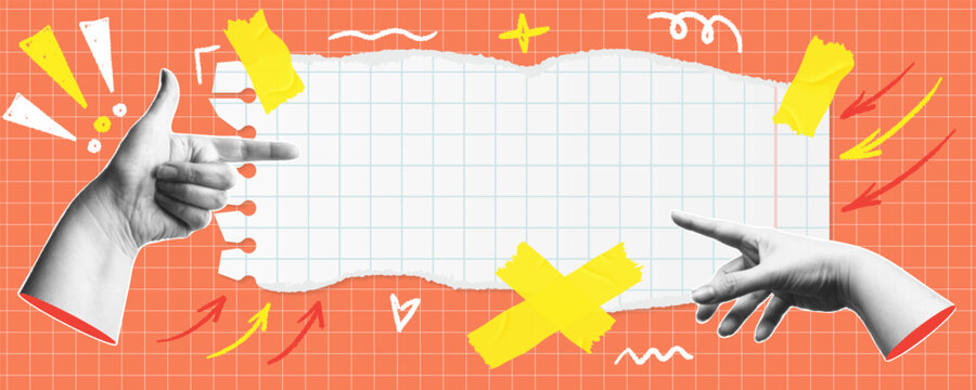 A trendy halftone banner with pointing hands and empty part of a torn sheet of paper. Space for your text. A creative Y2K style collage for social media, postcards, and advertising