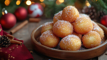 Plate of Mexican bu&ntilde;uelos: crunchy golden flatbreads dusted with powdered sugar and cinnamon on a vintage wooden table, surrounded by pine cones and warm holiday lights