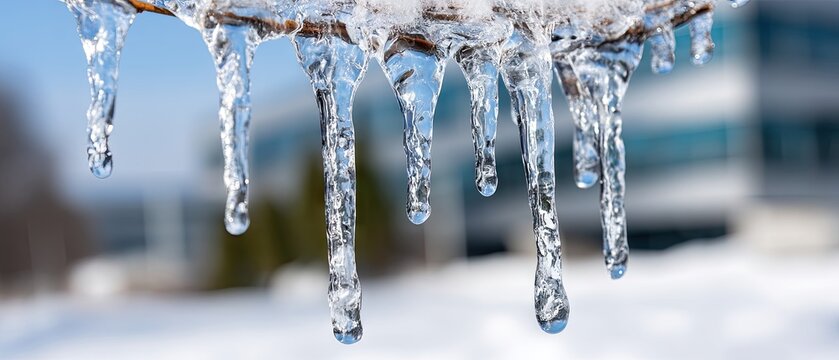 Melting icicles hang from a tree branch under bright winter sunlight in a suburban area