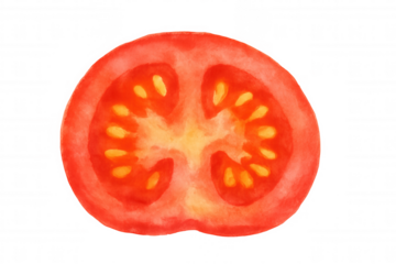 Hand painted red tomato slice watercolor illustration creating fresh culinary ingredient concept