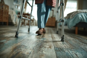 Fototapeta premium Walking with assistance inside a cozy home during the afternoon sun, showcasing determination and independence in daily life