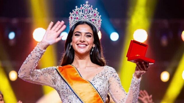 Beauty pageant winner waving on stage during award ceremony at night, smiling young adult woman in jeweled crown and sash holding red medal box under colorful spotlights