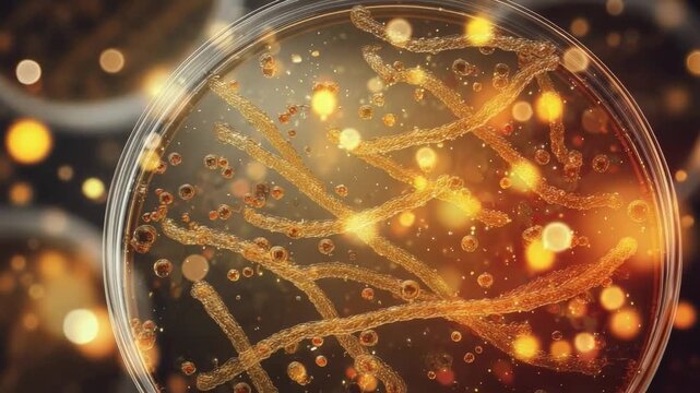 Petri dish containing fungal culture with orange-brown hyphae and spores growing on agar.