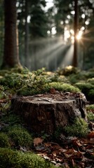 Fototapeta premium Sunlight filters through trees to illuminate a forest scene with a tree stump covered in lush moss and tiny green plants during early morning hours