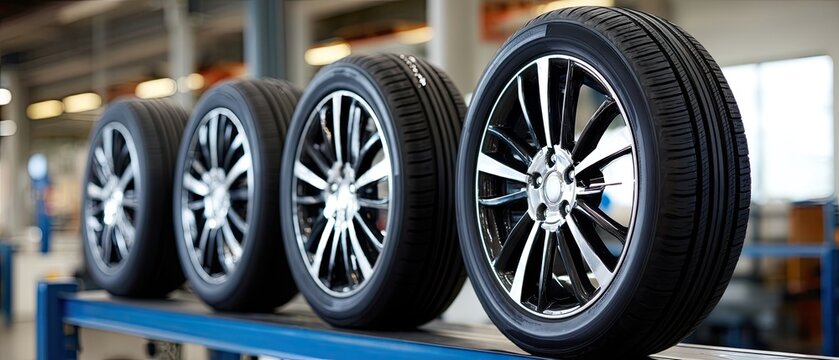 Fototapeta Quality black car tires arranged in a workshop, showcasing sleek design and readiness for installation on vehicles