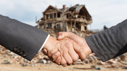 Shaking hands in front of a damaged house after a disaster recovery agreement in a devastated neighborhood