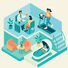 Isometric illustration of wellness center with doctor consultation, treadmill exercise, and sleep pod relaxation zone representing holistic health lifestyle