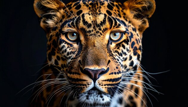 Leopard Face Close-Up with Intense Gaze on Dark Background