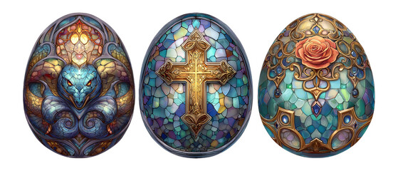 Colorful Decorative Eggs with Stained Glass Patterns and Intricate Designs
