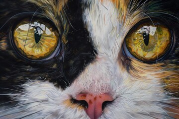 Hyperrealistic painting of a calico cat, focusing on its captivating golden eyes and pink nose