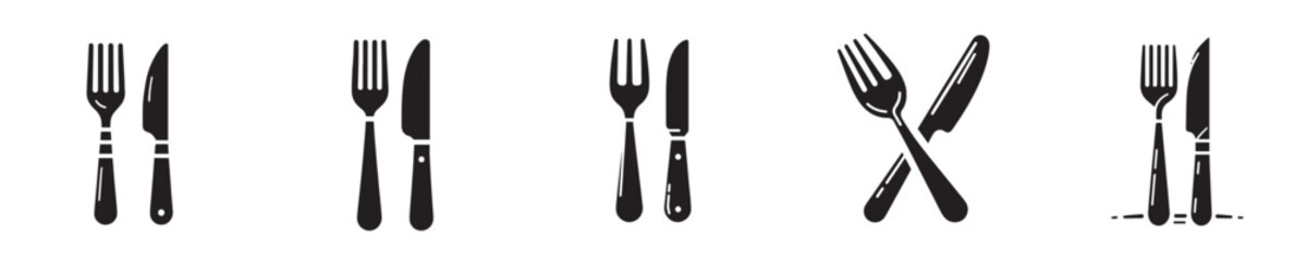 Cutlery Silhouette Vector Set – Fork and Knife Icons Collection for Restaurant, Dining, Kitchen, and Food Service Design – Black and White Tableware Illustration