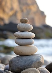 Stacked stones create a balanced sculpture by the riverbank in the evening light