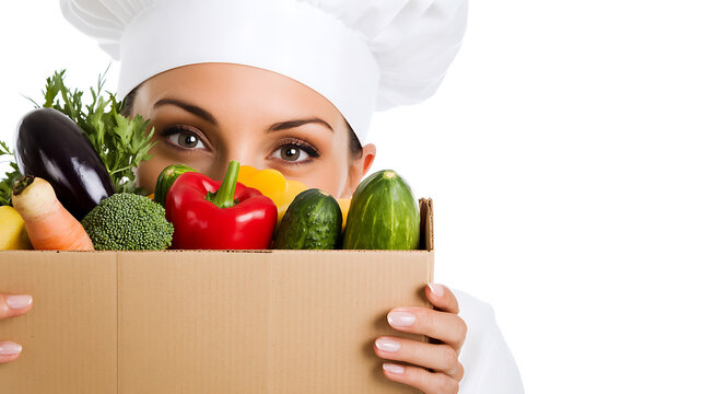 Chef with fresh vegetables in a box, showcasing vibrant produce. Healthy eating concept with focus on organic and locally sourced ingredients. Farm-to-table freshness!