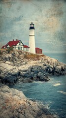 Lighthouse stands tall on rocky coastline with ocean waves gently crashing against the shore during overcast day