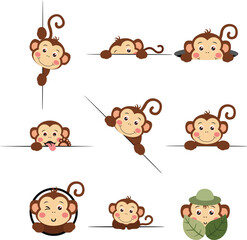 Nine Cute Baby Monkeys Peeking and Playing Set