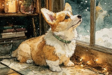 Corgi observes falling snow from a cozy room, surrounded by warmth and holiday lights
