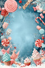Colorful candy and dessert frame with lollipops, cupcakes, and sweet decorations for festive celebrations in wintertime