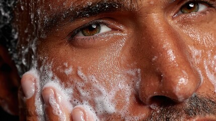 Man washing his face with soap bubbles in a bathroom during daytime showcasing self-care and grooming routine