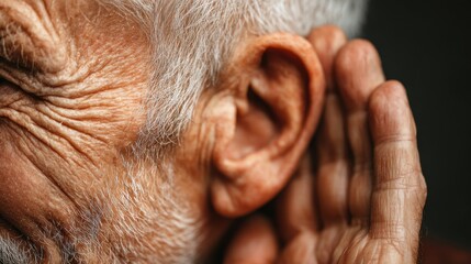 Naklejka premium Elderly man with gray hair cupping his hand to his ear, showing attentiveness and engagement in conversation