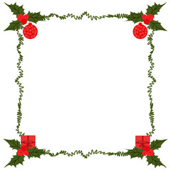 Cornice quadrata natalizia con agrifoglio, palline regalo, scatola, ornamenti di Natale tradizionali