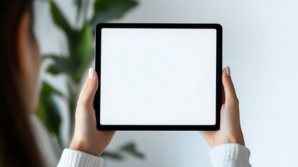 Woman holding a digital tablet. Blank white screen ideal for app or website design mockup. Perfect for showcasing new tech.