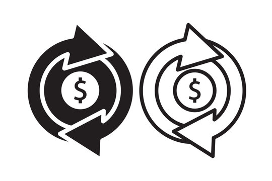 Vector icon of money circulation,
featuring two curved arrows surrounding a dollar coin,
representing financial transactions, refunds, exchanges, or currency updates,
line and solid versions for flexi