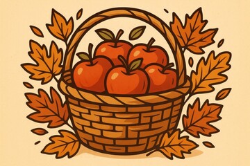 Basket of red apples surrounded by autumn leaves in a warm, cozy illustration with fall themed colors.