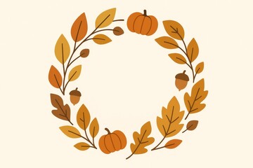 Autumn wreath made of leaves, acorns, and pumpkins in warm fall colors, perfect for seasonal decorations.