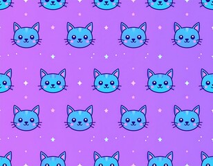 A seamless pattern showcasing a delightful, cartoon-style design of blue-toned cat faces interspersed with shimmering white stars on a vibrant purple gradient