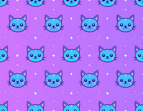 A seamless pattern showcasing a delightful, cartoon-style design of blue-toned cat faces interspersed with shimmering white stars on a vibrant purple gradient