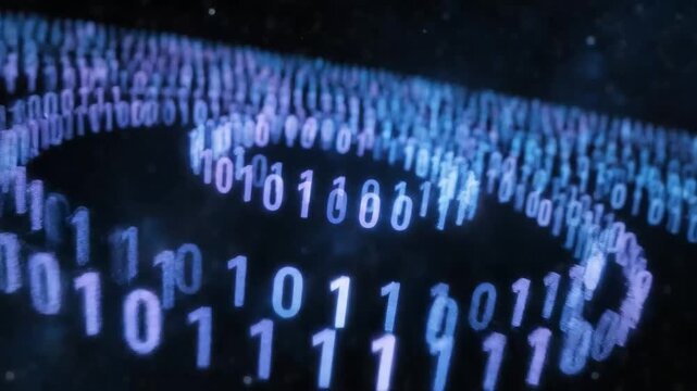 Close-up of a swirling pattern of blue binary code on a dark background with a shallow depth of field.