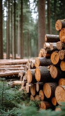 Stacked logs in a dense forest with tall trees and a serene atmosphere during a peaceful afternoon
