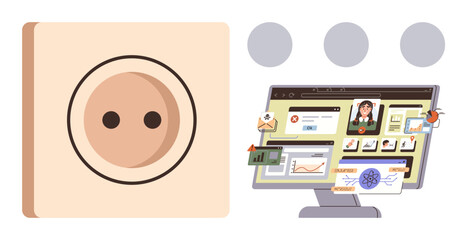 Power socket next to a computer displaying a vibrant digital dashboard with graphs, notifications, and user profiles. Ideal for technology, remote work, energy-saving, productivity, UIUX design