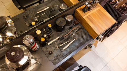 clippers. A neatly organized barber station with tools, soft lighting highlighting the professional setup. lifestyle magazines.
