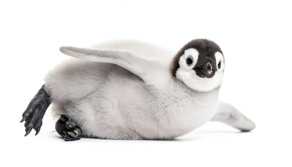 A cute baby emperor penguin chick trips adorably on its own feet isolated on a white background