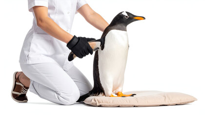 Veterinarian examining a penguin Medical care and animal health concept