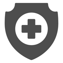 Obraz premium Emblem and medical cross solid icon, protection shield concept. Vector graphics. Badge of medicine sign on white background, glyph style icon for mobile or web design.